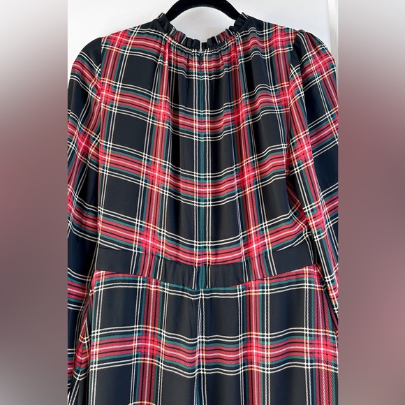 J Crew Black Red Tartan Plaid Ruffle Neck Peasant Midi Christmas Dress Size: 2 - Picture 7 of 10